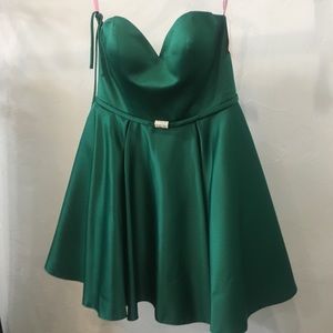 short strapless green formal designer dress
